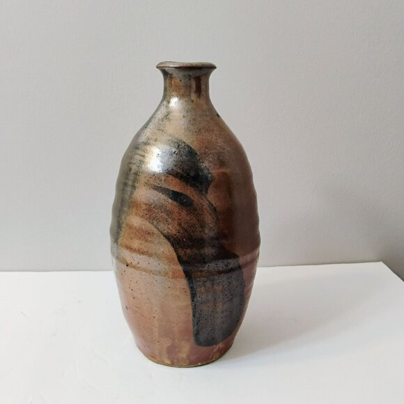 Vintage Metallic Glaze Art Pottery Vase Mid Century Modern Artist Mark 9" Vessel - Picture 3 of 10
